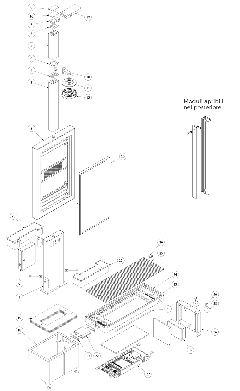 Esploso tecnico dell'Isola Pigna Smart 7 con i moduli numerati