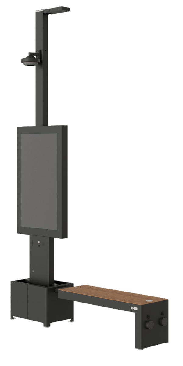 Render dell'Isola Pigna Smart 7 di Technic: palo, display 55 pollici, telecamera e panchina