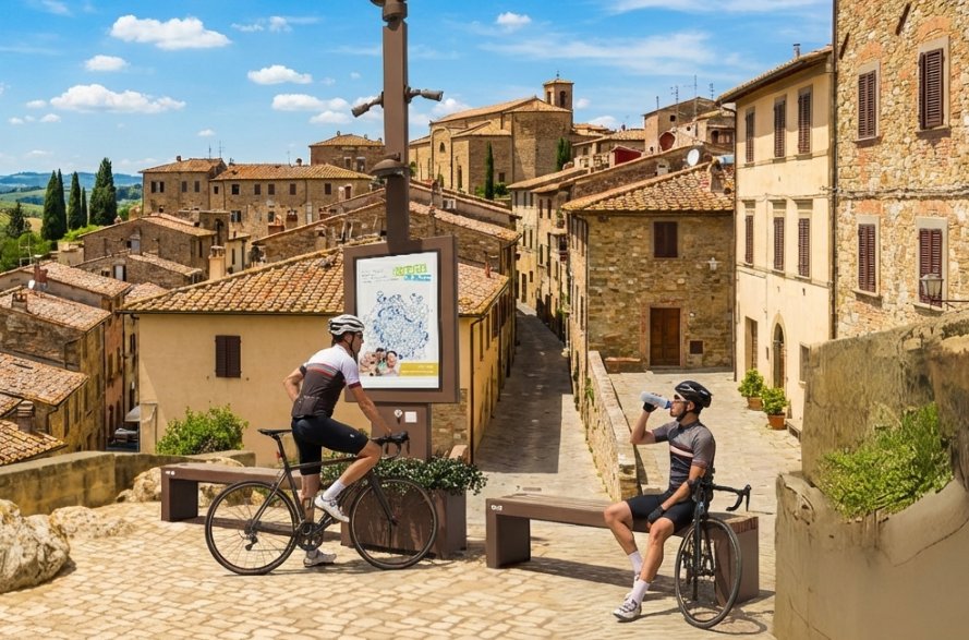 Visualizzazione di un'isola digitale i-Gate in un borgo, con due ciclisti in sosta sulla panchina smart