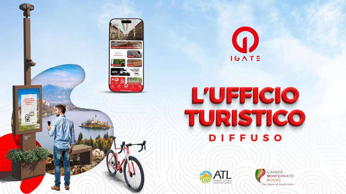 La slide di apertura del progetto L'Ufficio Turistico Diffuso di i-Gate con i loghi di ATL del Cuneese e Visit LMR